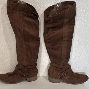 Womens High Knee Boots Brown Faux Suede Buckle Straps Cushioned Side Zip Size 8